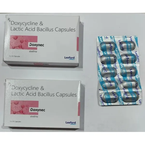 100mg Doxynec Doxycycline and Lactobacillus Capsules 100mg in the NexCure Health pharmaceutical catalogue