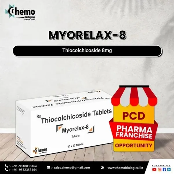 PCD Pharma Francise for Thiocolchicoside 8mg Tablets 8mg pharmaceutical product details from NexCure Health